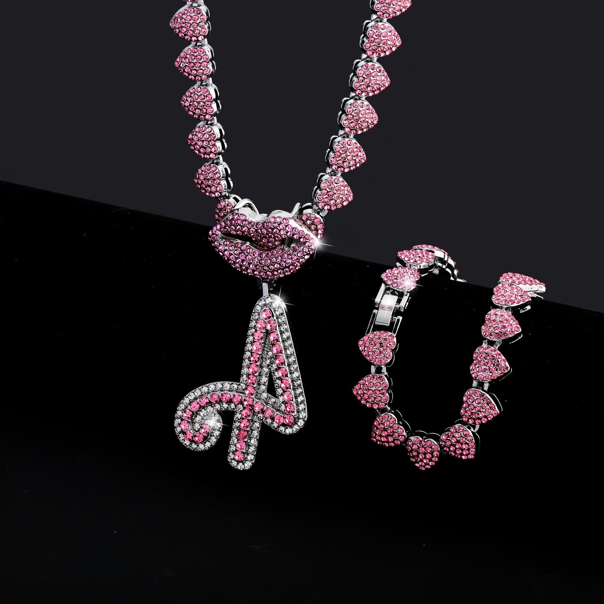 Hip Hop Y2K Style Pink Sexy Lips Pendant Necklace and Bracelet Set, A-Z Initials, Rhinestone Inlay, Zinc Alloy, Perfect for Daily Wear or Parties, Ideal Valentine's Day Gift for Men and Women, Hip Hop Jewelry